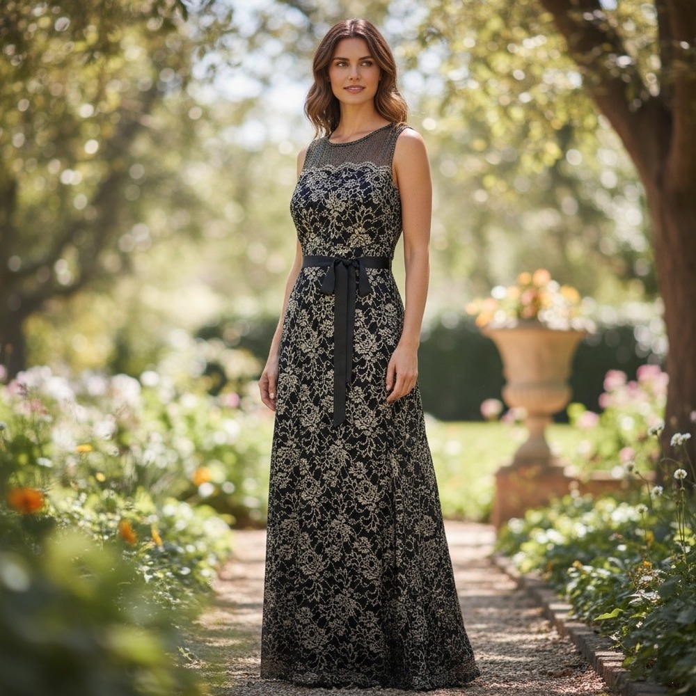 Alex Evenings Petite Black Gold Lace Overlay Evening Gown Belted Maxi Dress 16P